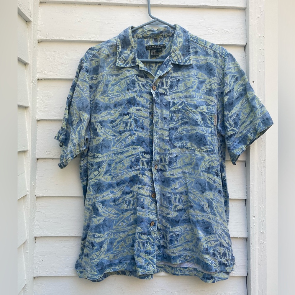 Royal Robbins Blue and Green Leaf Print Button Down Hawaiian Linen Shirt 🌺
